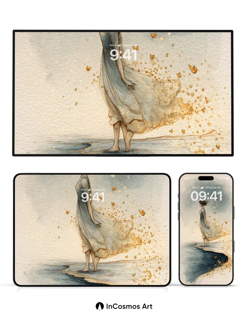 Serenity Drift Wallpaper with Golden Butterflies