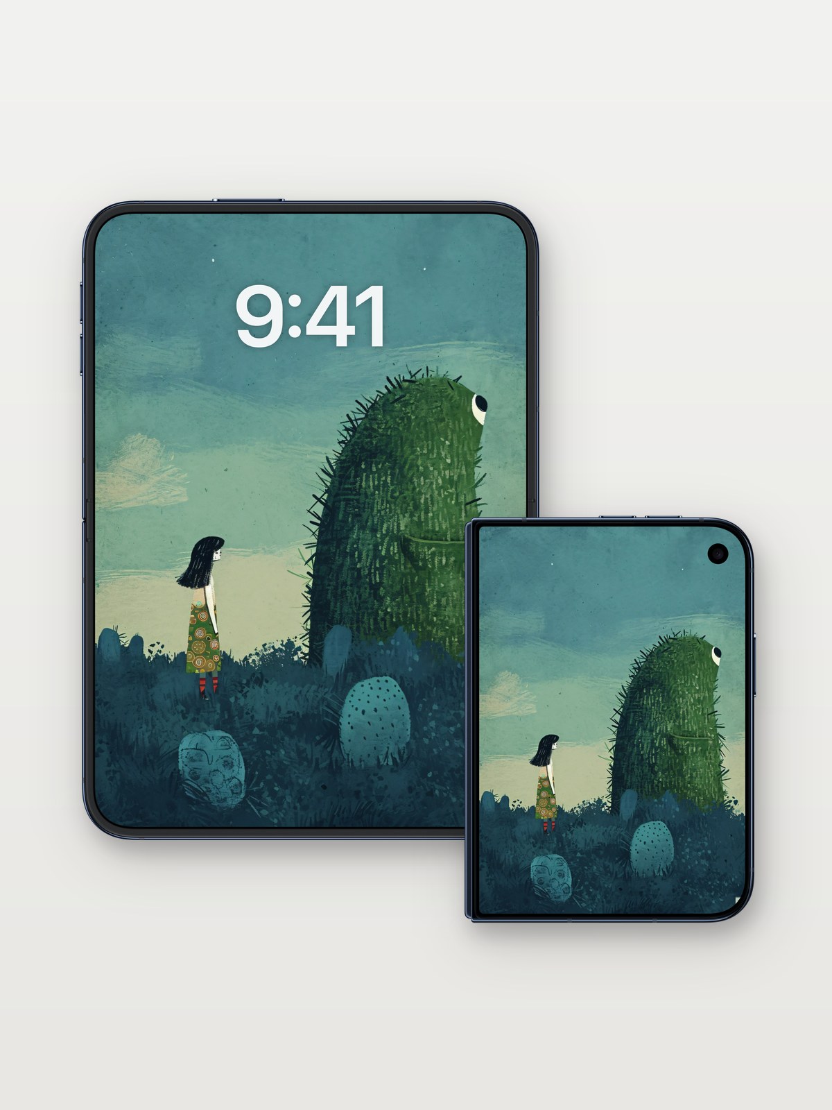 Whispering Cactus Wallpaper with Starlit Gaze on iPhone Duo, open and closed