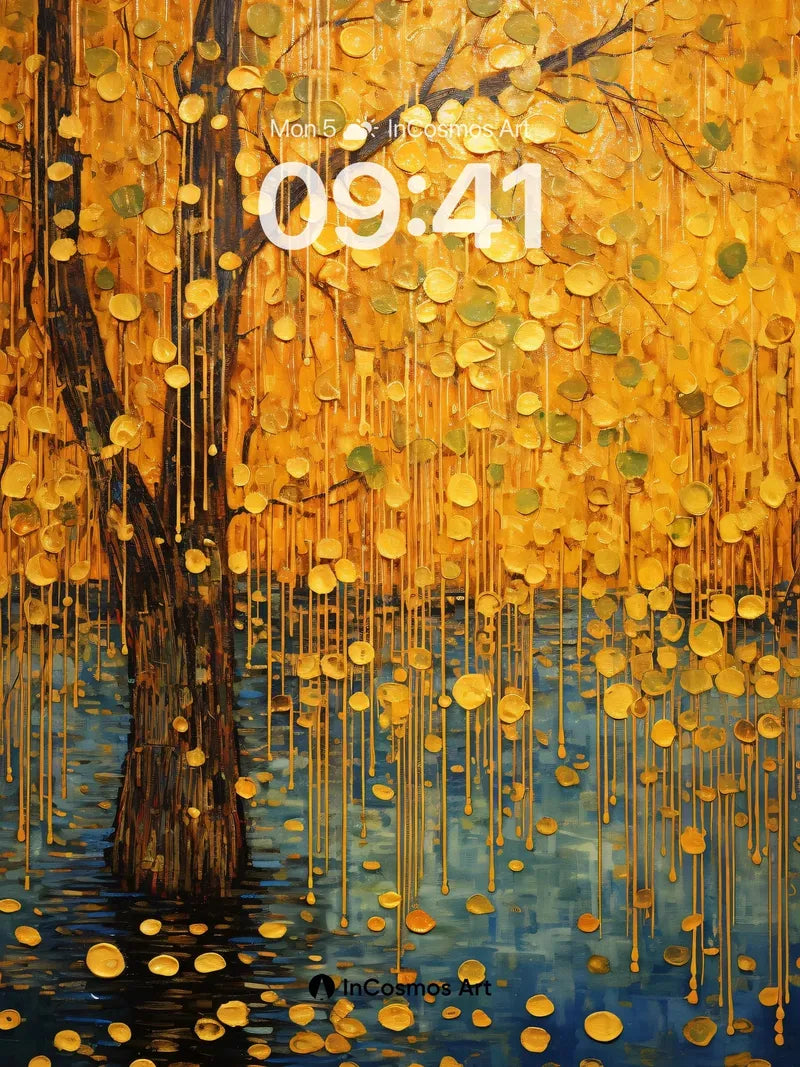 Golden Drip Fantasy Wallpaper with Floating Leaves