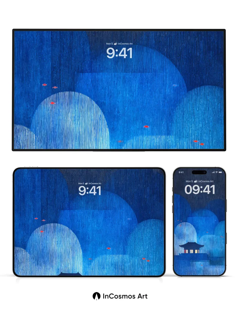 Indigo Reverie Wallpaper with Floating Pavilions