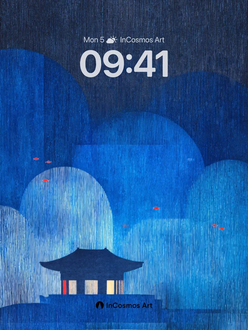 Indigo Reverie Wallpaper with Floating Pavilions