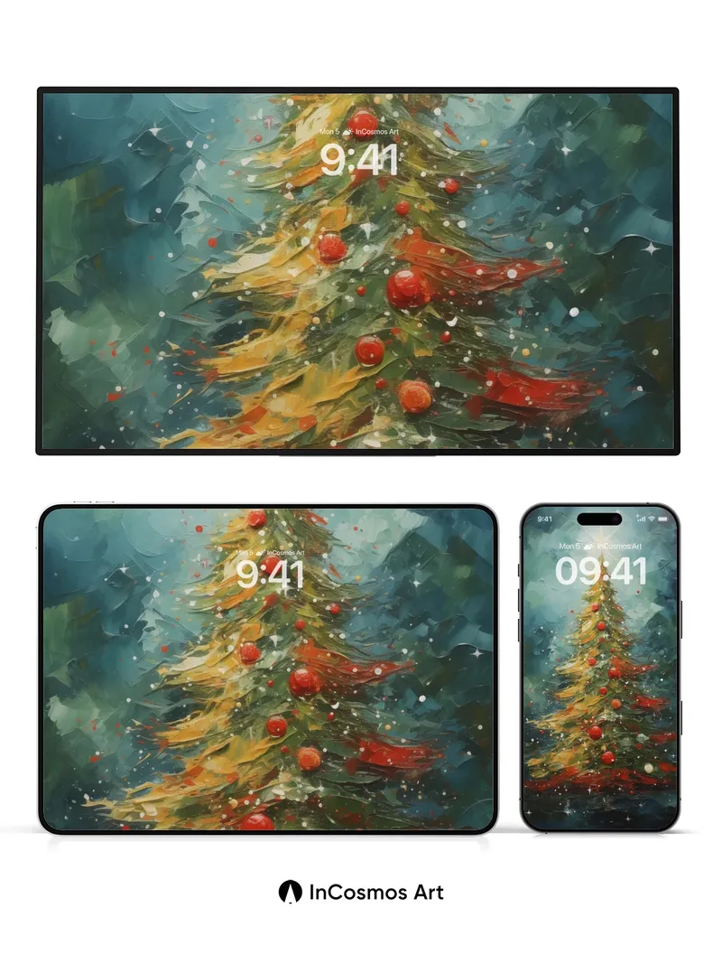 Starlit Pine Wallpaper with Cosmic Ornaments