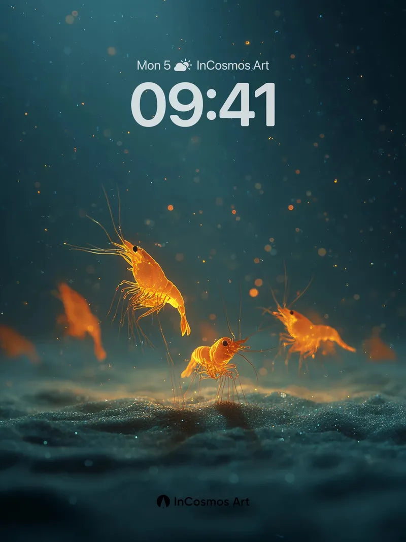 Golden Shrimp Swarm Wallpaper in Deep Sea Haze wallpaper for iPhone, iPad & Mac