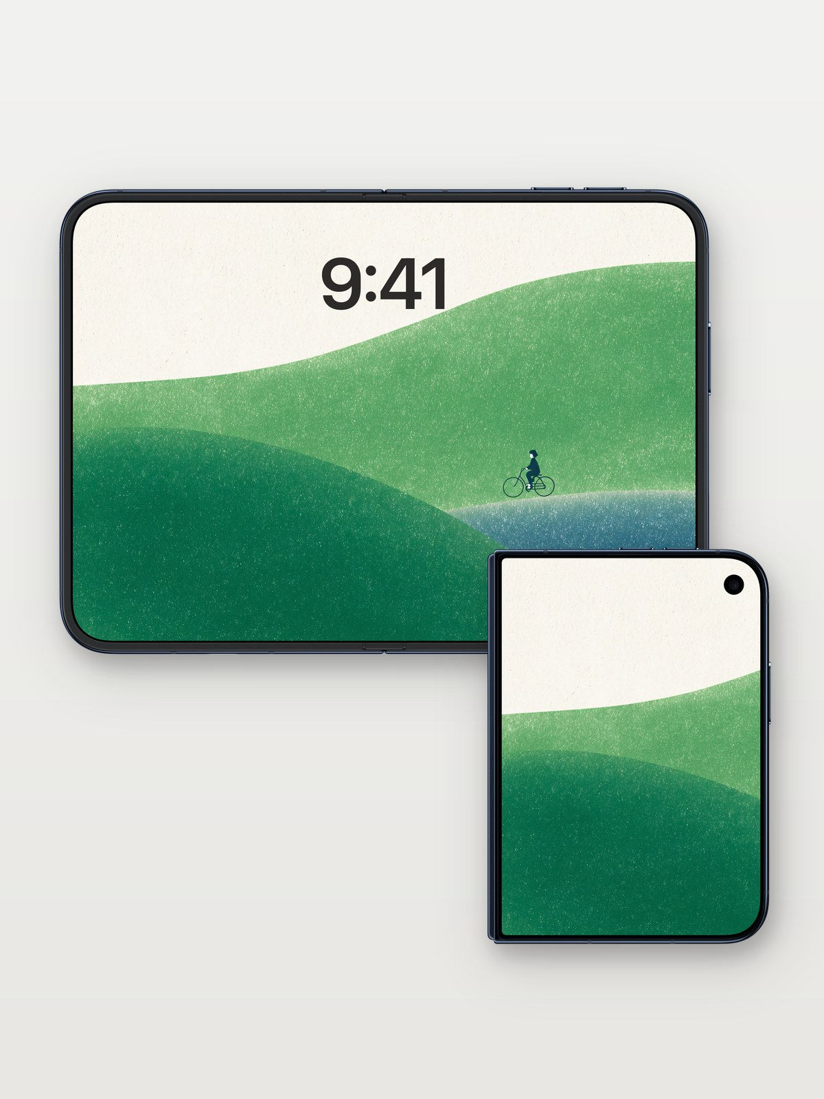 Serenity Ridge Wallpaper with Whispering Hills on iPhone Duo, open and closed