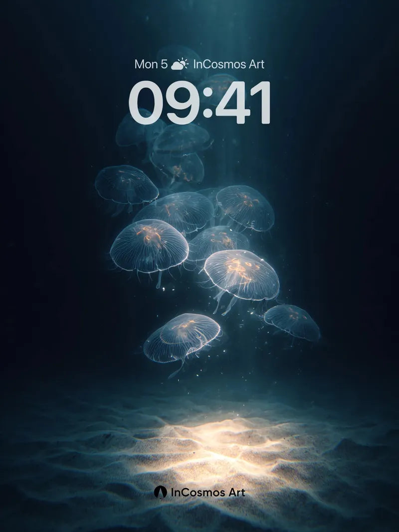 Luminous Jellyfish Ballet Wallpaper in Deep Blue wallpaper for iPhone, iPad & Mac