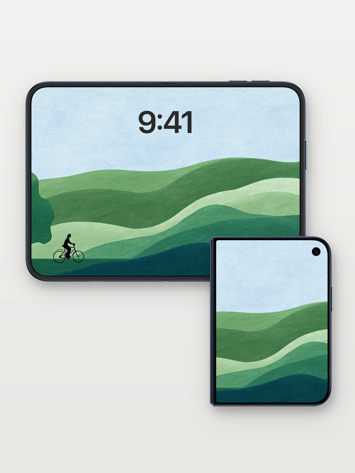 Serenity Ridge Wallpaper with Silent Rider on iPhone Duo, open and closed