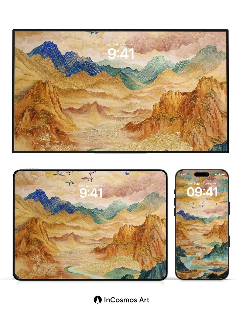 Golden Sky Wallpaper with Flying Cranes