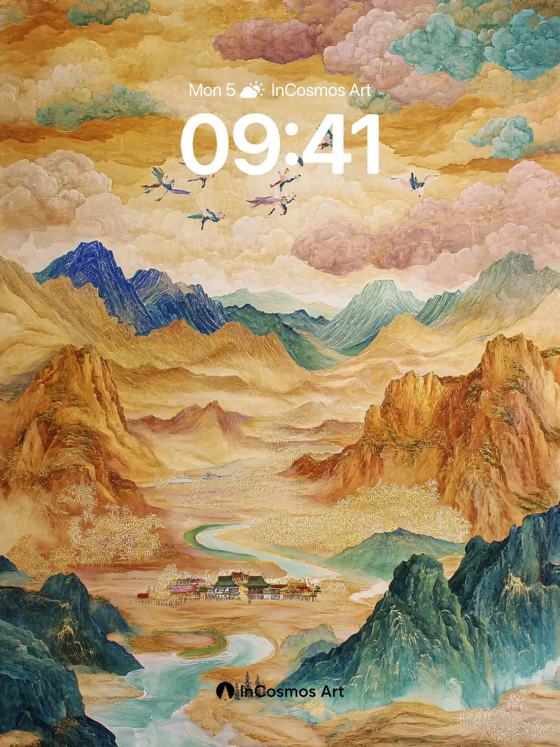Golden Sky Wallpaper with Flying Cranes