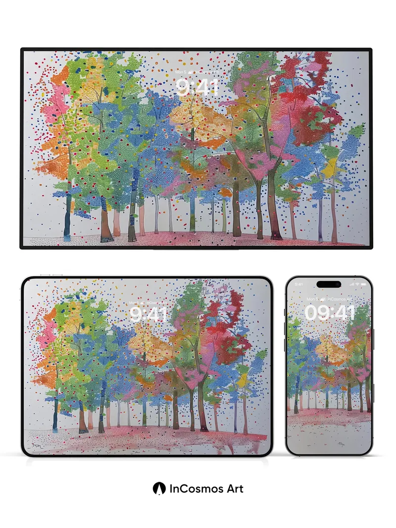 Whimsical Forest Wallpaper with Polka Dot Sky