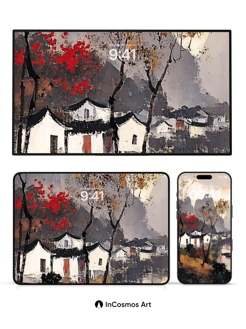 Autumn Hush Wallpaper with Ink-Like Mountains