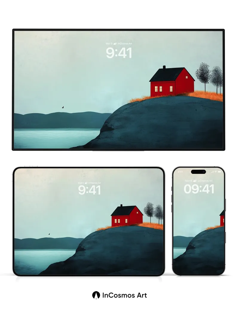 Serenity Cliff Wallpaper with Solitary Red Hut