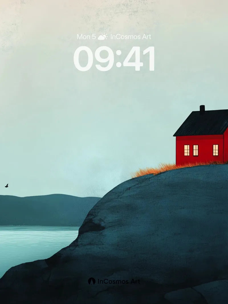 Serenity Cliff Wallpaper with Solitary Red Hut