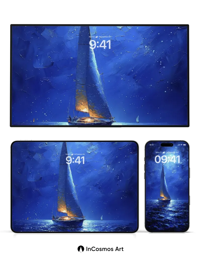 Luminous Sail Wallpaper with Moonlit Sea