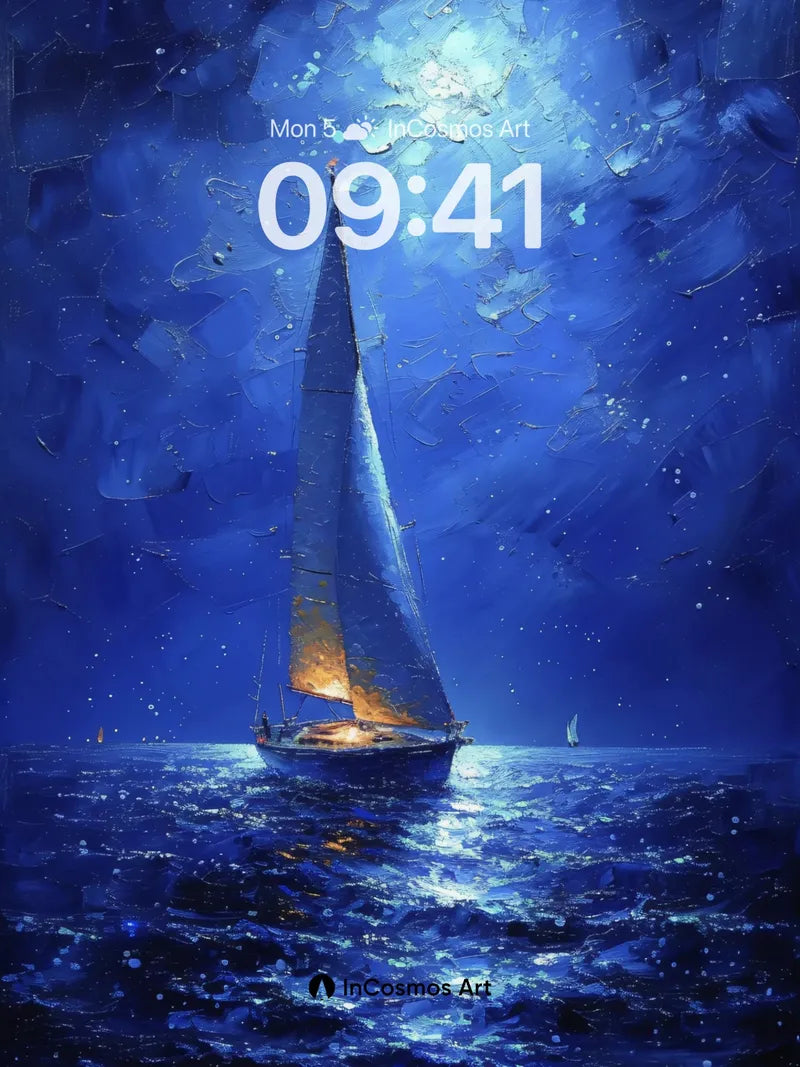 Luminous Sail Wallpaper with Moonlit Sea