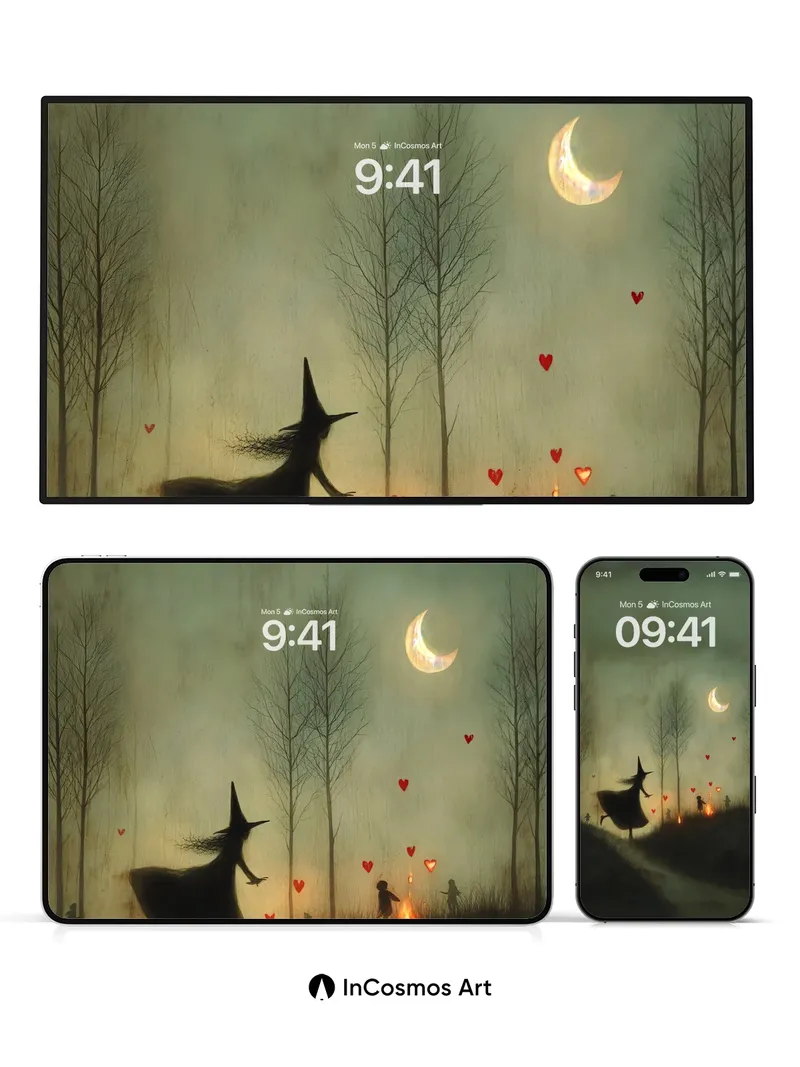 Whispering Moonlight Wallpaper with Floating Hearts