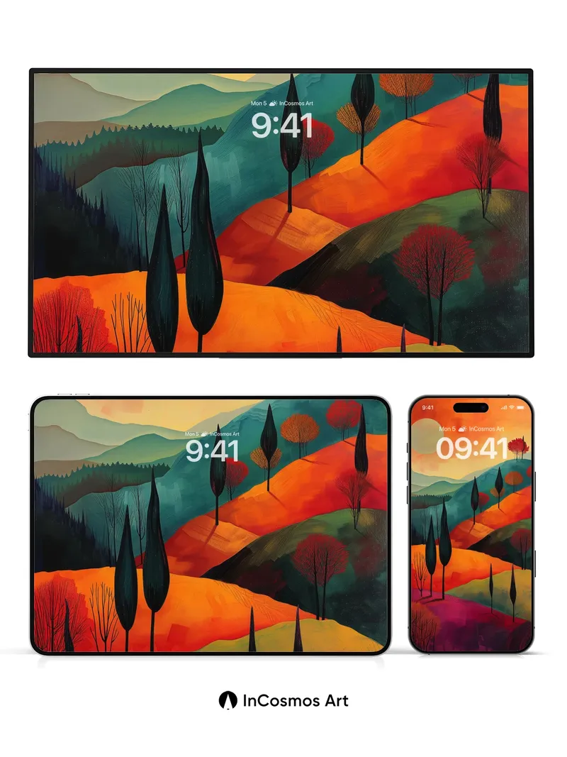 Crimson Horizon Wallpaper with Whispering Trees