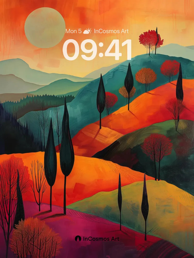 Crimson Horizon Wallpaper with Whispering Trees