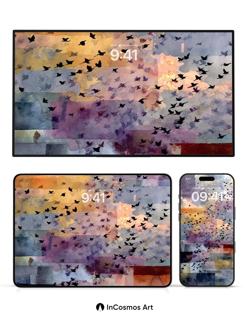 Surreal Flight Wallpaper with Watercolor Sky