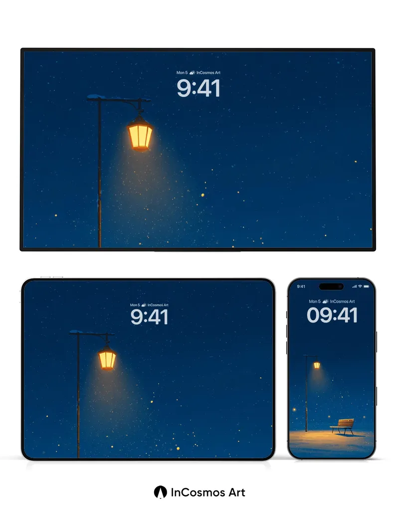 Silent Snowfall Wallpaper with Golden Lantern Light