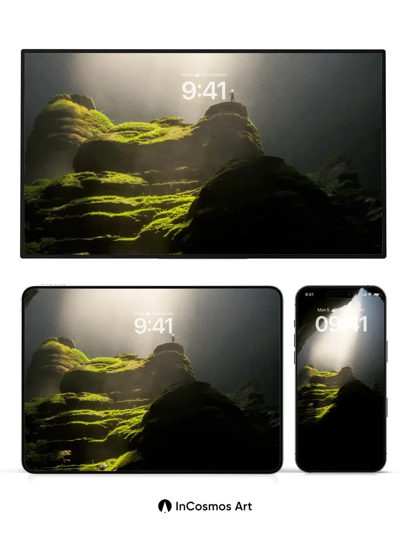 Solitary Light Wallpaper with Moss-Covered Depths