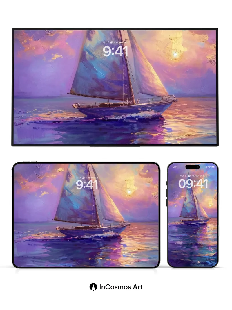 Sailboat Mirage Wallpaper with Sunset Hues