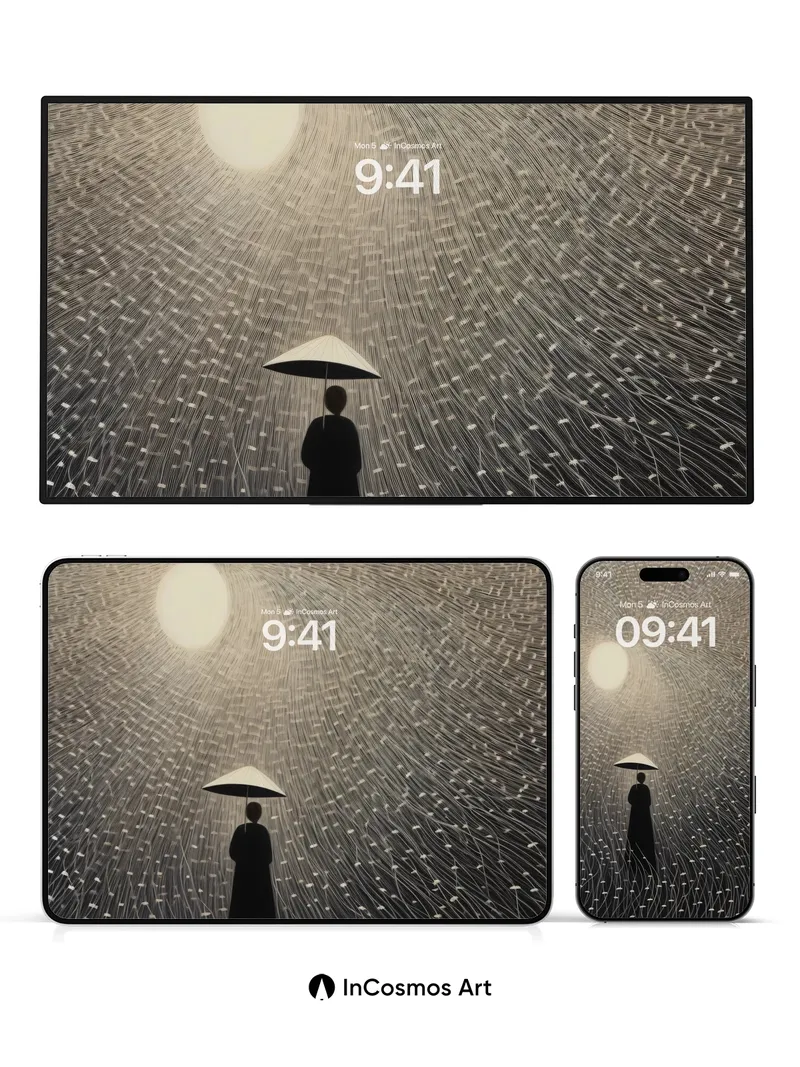 Ethereal Rainfall Wallpaper with Celestial Umbrella