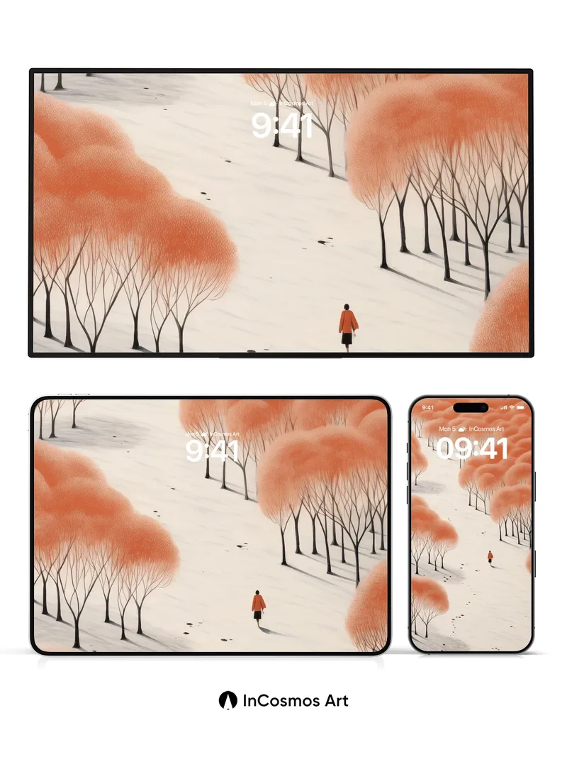 Serenity in Coral Canopy Wallpaper with Snow-Blanketed Path