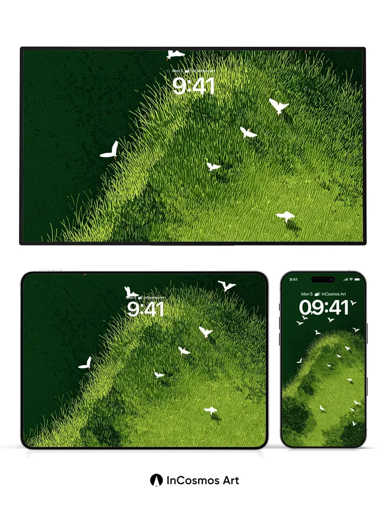 Serene Flight Wallpaper with Grassland Edge
