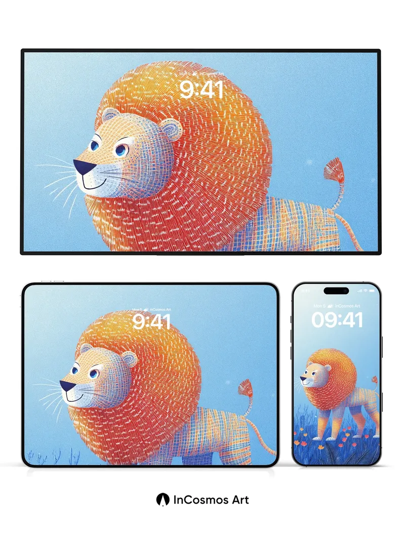 Whimsical Knit Lion Wallpaper with Floral Field