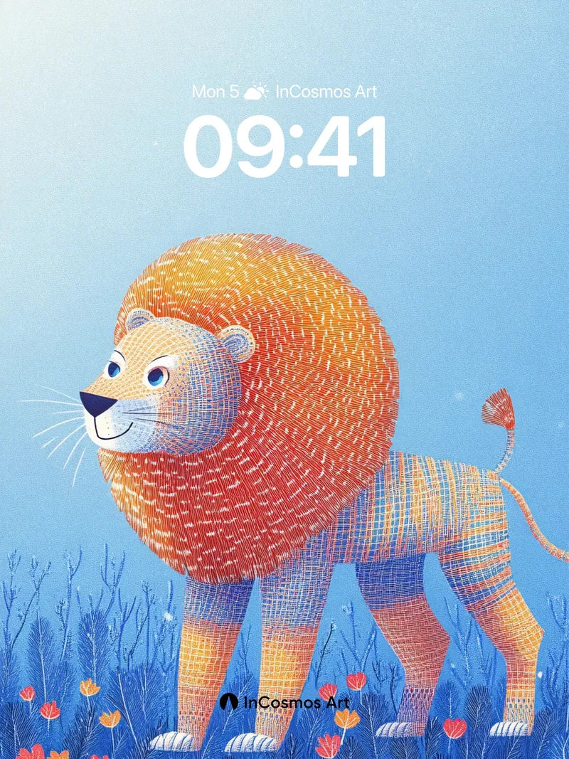 Whimsical Knit Lion Wallpaper with Floral Field