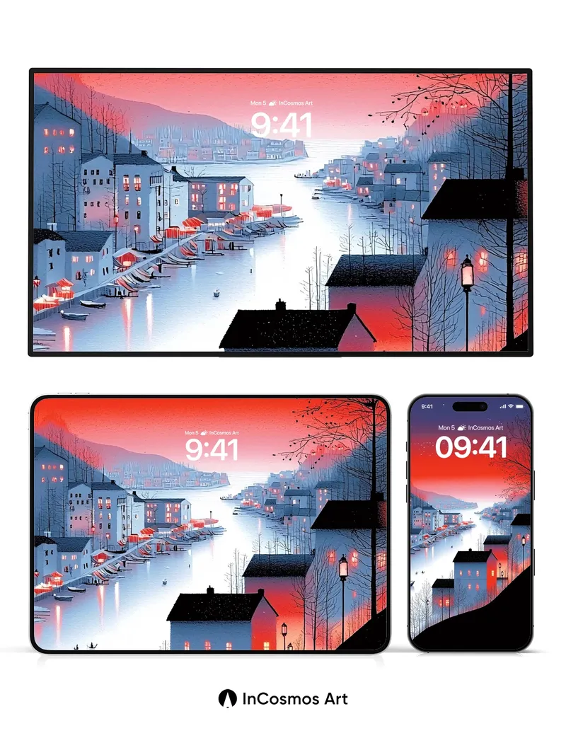 Crimson Horizon Wallpaper with Frozen Reflections