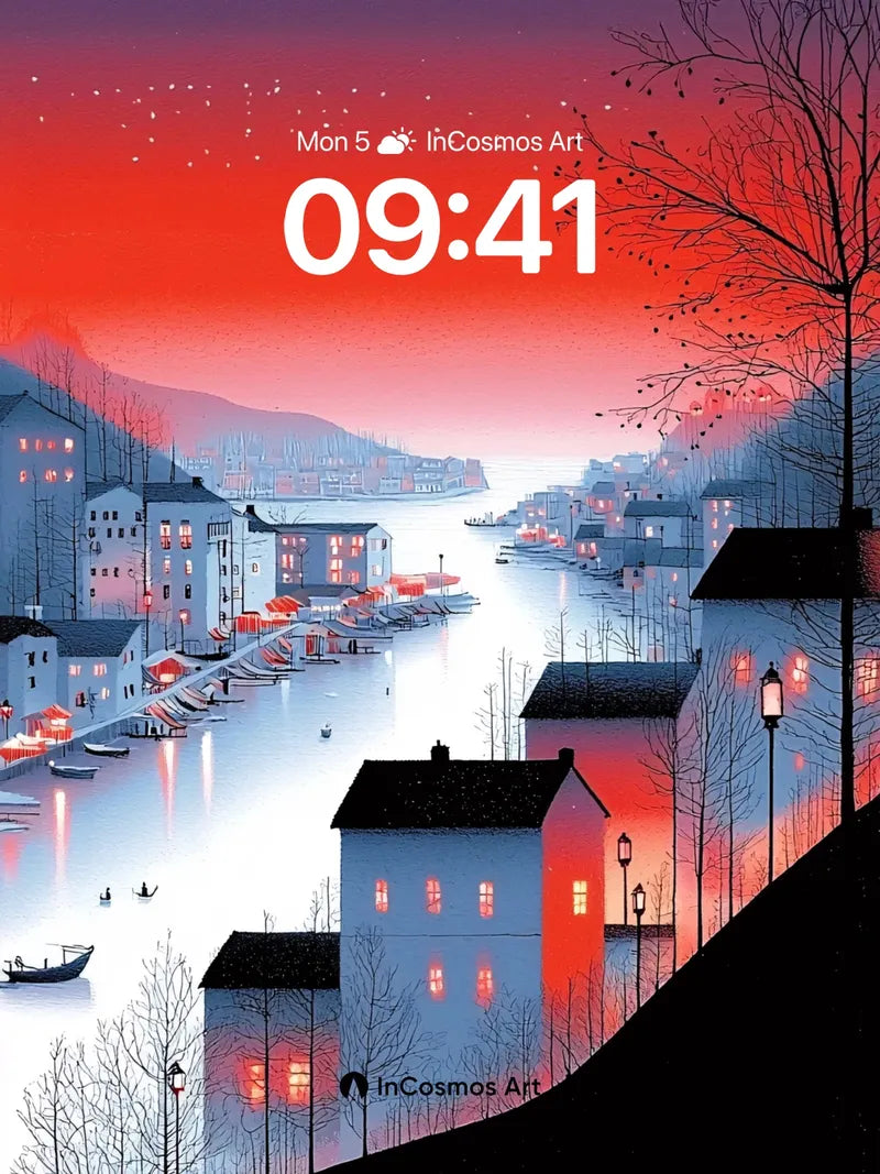 Crimson Horizon Wallpaper with Frozen Reflections