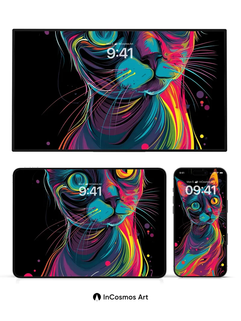 Neon Mirage Wallpaper with Psychedelic Cat