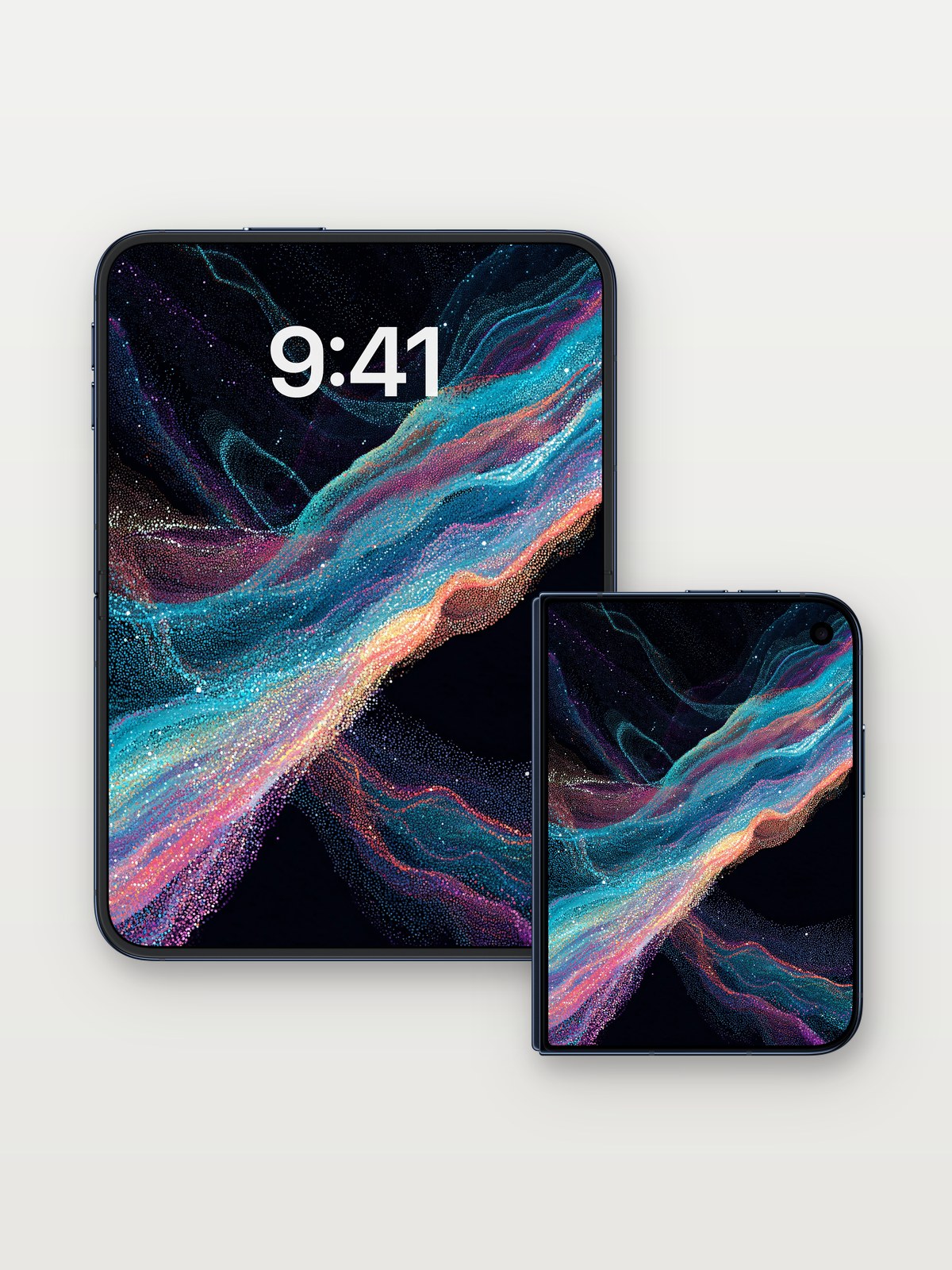Cosmic Veil Wallpaper with Stardust Trails on iPhone Duo, open and closed
