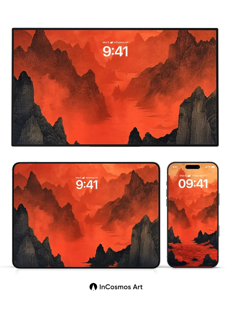 Crimson Abyss Wallpaper with Floating Peaks