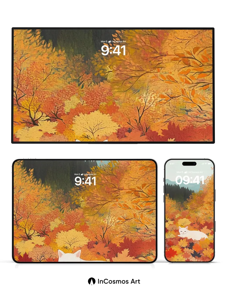 Autumn Hush Wallpaper with White Cat Serenity