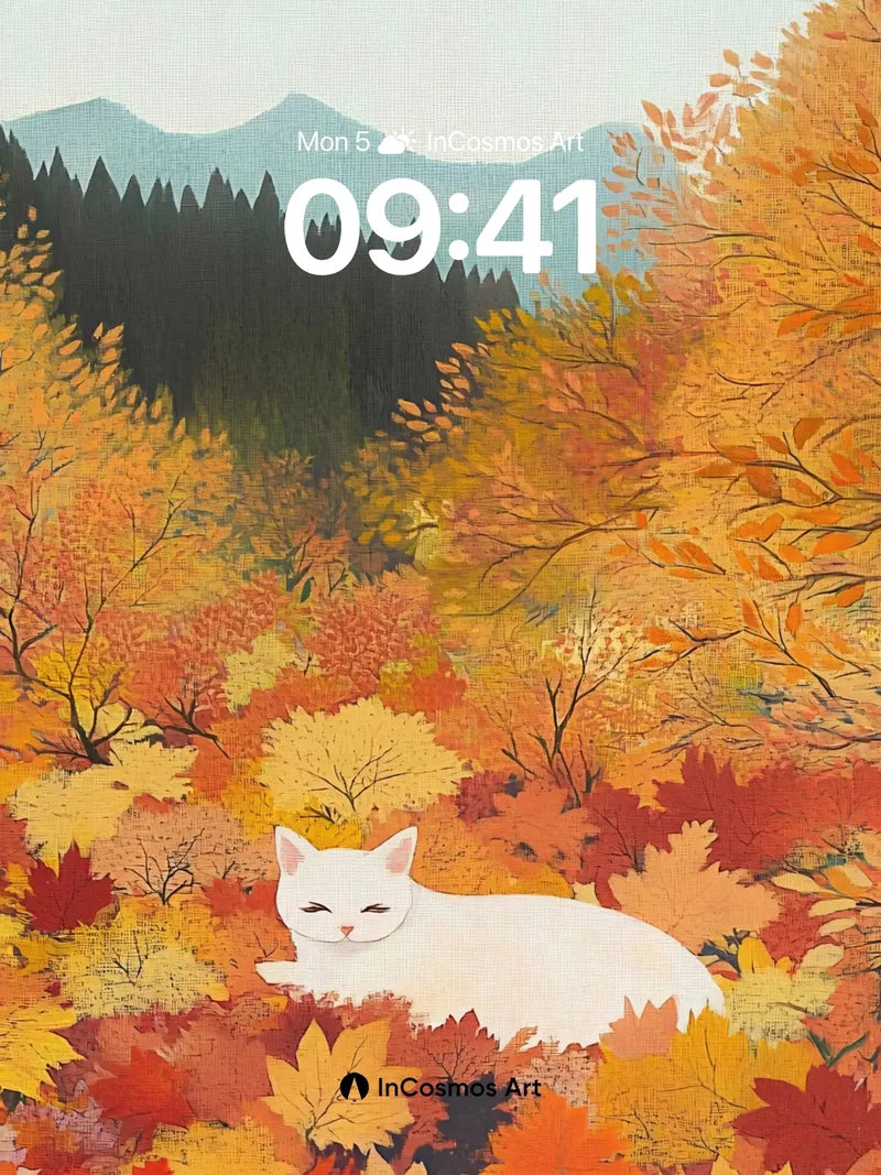 Autumn Hush Wallpaper with White Cat Serenity