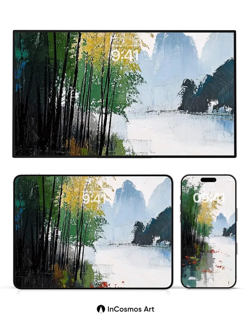 Mist-Swept Bamboo Wallpaper with Floating Ember Pools