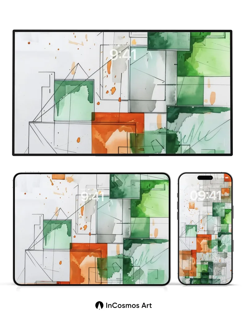 Geometric Echo Wallpaper with Watercolor Drift