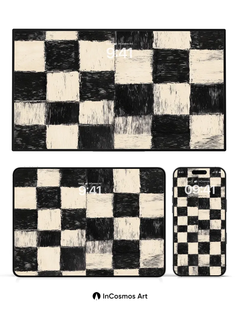 Monochrome Chessboard Wallpaper with Textured Brushwork