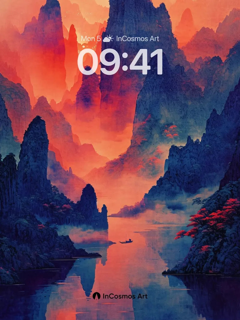 Crimson Mirage Wallpaper with Floating Peaks