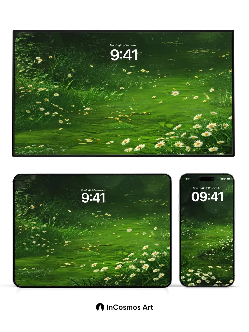 Emerald Whisper Wallpaper with Daisy Constellations