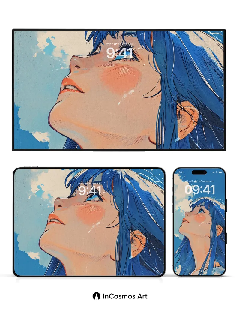 Skyward Gaze Wallpaper with Azure Tresses