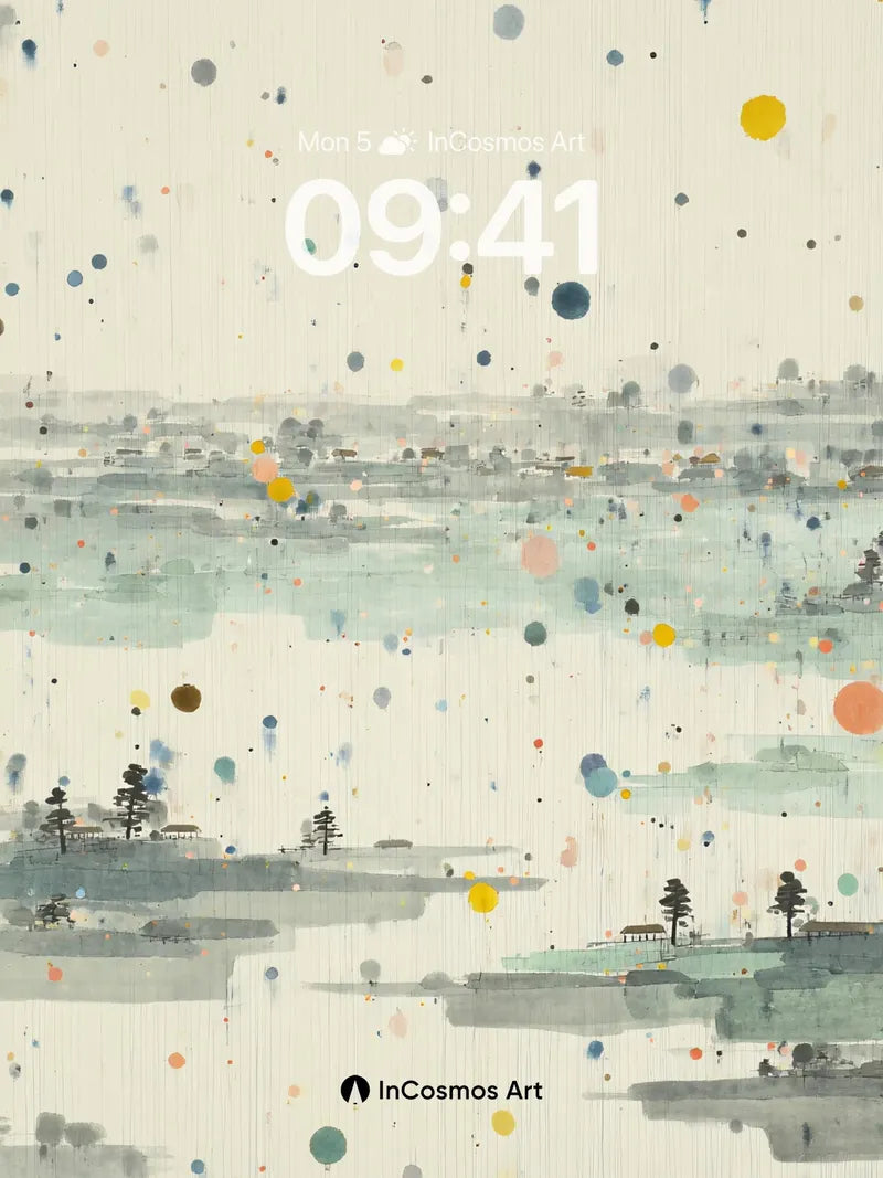 Serene Watercolor Landscape Wallpaper with Floating Orbs wallpaper for iPhone, iPad & Mac
