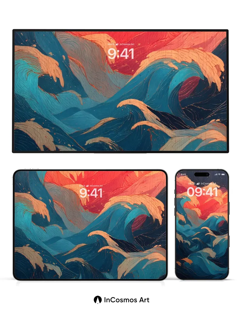 Crimson Surge Wallpaper with Hokusai Waves