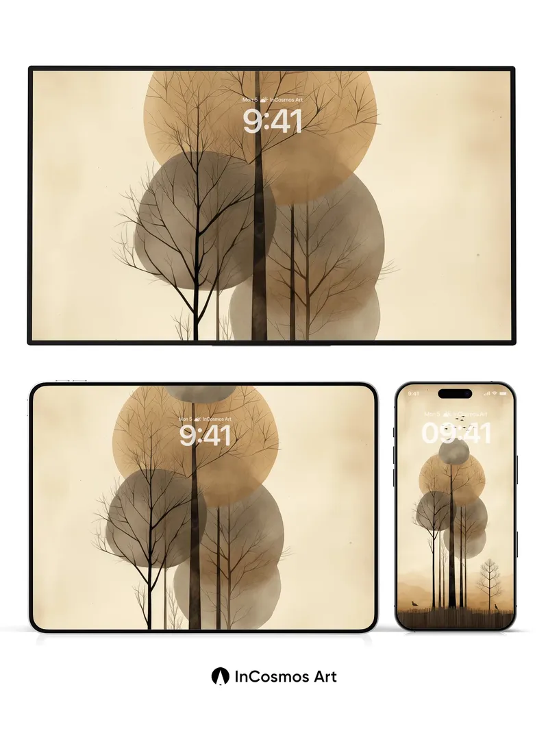 Serenity in Silent Trees Wallpaper with Floating Circles