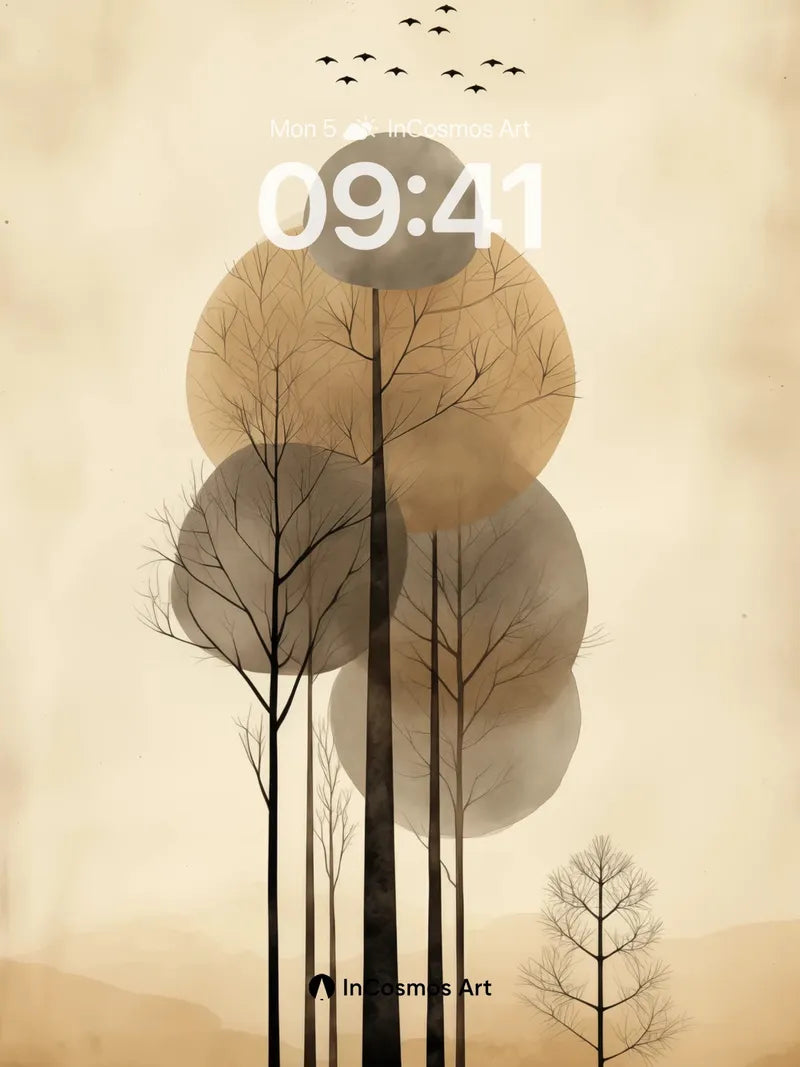 Serenity in Silent Trees Wallpaper with Floating Circles