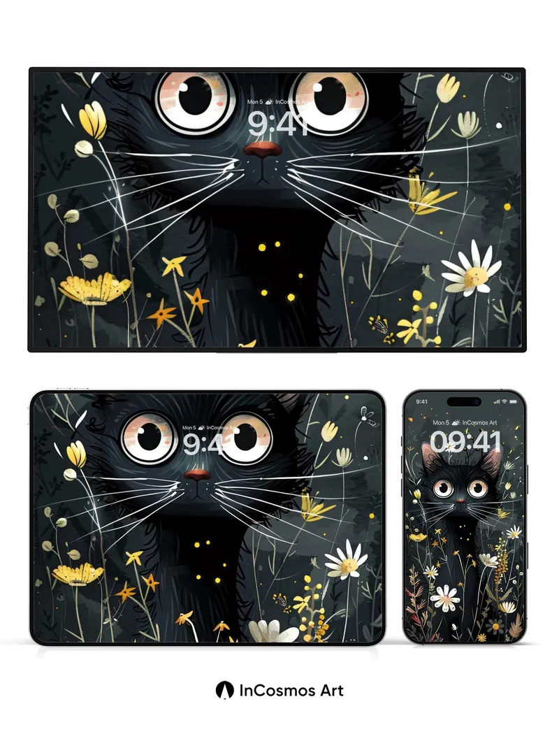 Whispering Night Cat Wallpaper with Floral Secrets