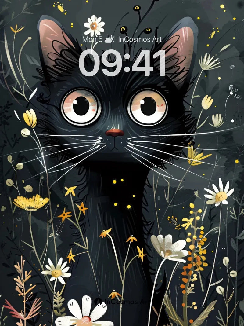 Whispering Night Cat Wallpaper with Floral Secrets