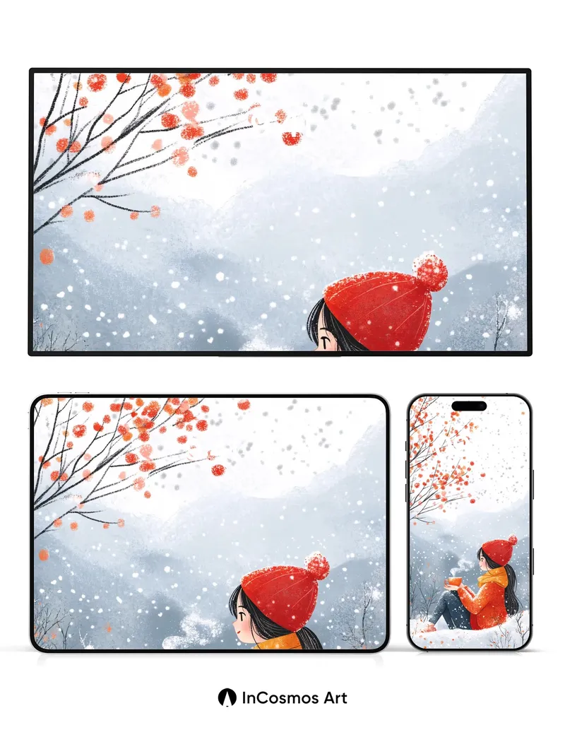 Snowfall Serenity Wallpaper with Cherry Blossom Whispers